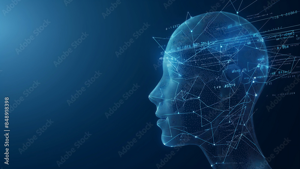 Futuristic AI Head in Profile View with Digital Network Connections