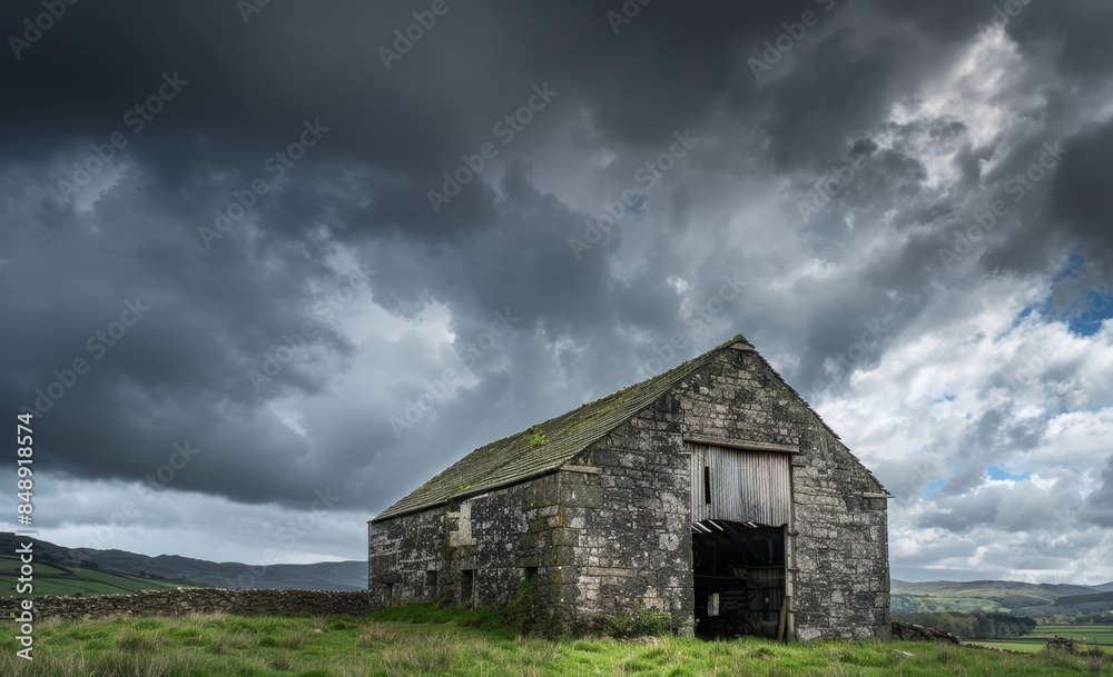 Old stone barn in the Lake District, on an overcast day with dramatic shadows and light, photo taken from ground level, wide angle lens, landscape photography, beautiful stormy sky Old stone barn in the Lake District, on an overcast day with dramatic shadows and light, photo taken from ground level, wide angle lens, landscape photography, beautiful stormy sky