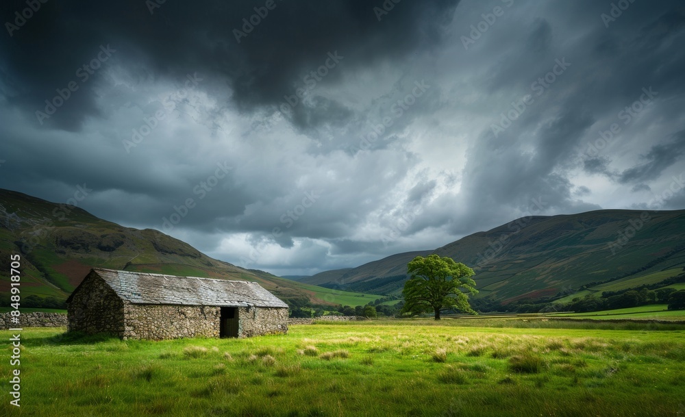 Old stone barn in the Lake District, on an overcast day with dramatic shadows and light, photo taken from ground level, wide angle lens, landscape photography, beautiful stormy sky Old stone barn in the Lake District, on an overcast day with dramatic shadows and light, photo taken from ground level, wide angle lens, landscape photography, beautiful stormy sky