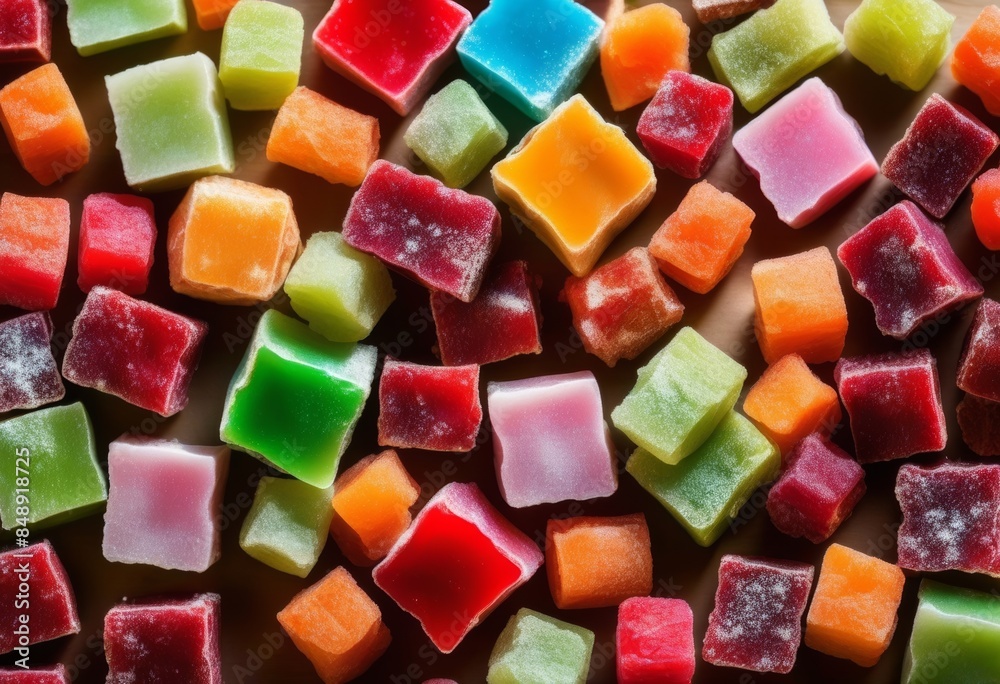 A variety of colorful Turkish Delight pieces on a plate with a traditional patterned background A variety of colorful Turkish Delight pieces on a plate with a traditional patterned background