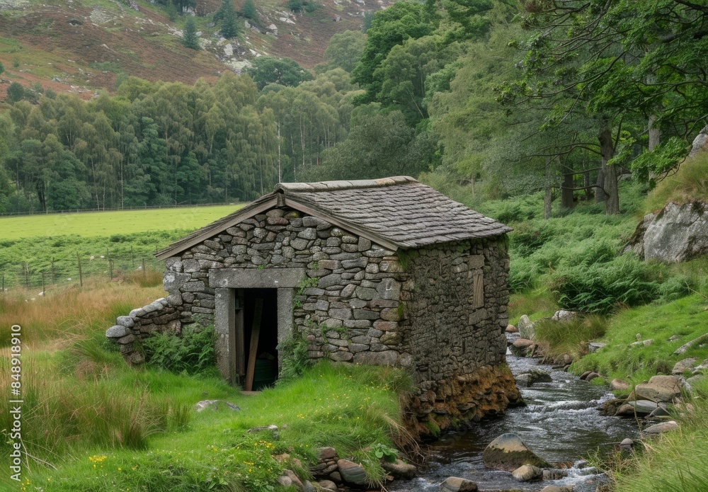 Old stone barn in the Lake District, on an overcast day with dramatic shadows and light, photo taken from ground level, wide angle lens, landscape photography, beautiful stormy sky Old stone barn in the Lake District, on an overcast day with dramatic shadows and light, photo taken from ground level, wide angle lens, landscape photography, beautiful stormy sky