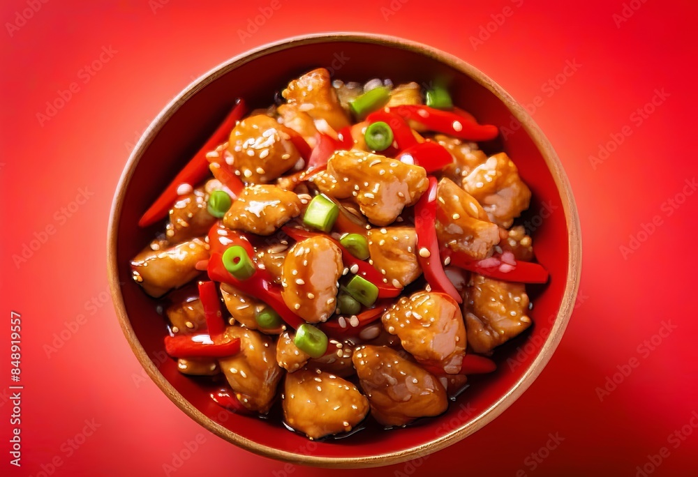 A bowl filled with sesame chicken on a bright red background A bowl filled with sesame chicken on a bright red background