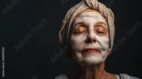 Portrait of happy senior woman with face-mask, selfcare and skin routine concept.