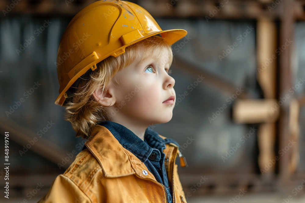 AI generated photo image of small child wearing firefighter costume like adults AI generated photo image of small child wearing firefighter costume like adults