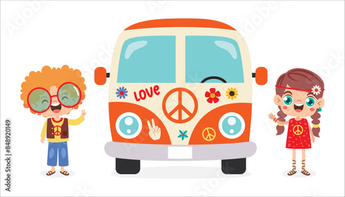 Hippie Characters With Camper Van
