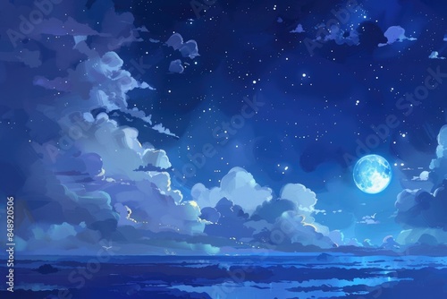 Night Sky Magic: Beautiful Blue Night Sky with Clouds, Full Moon, and Stars
