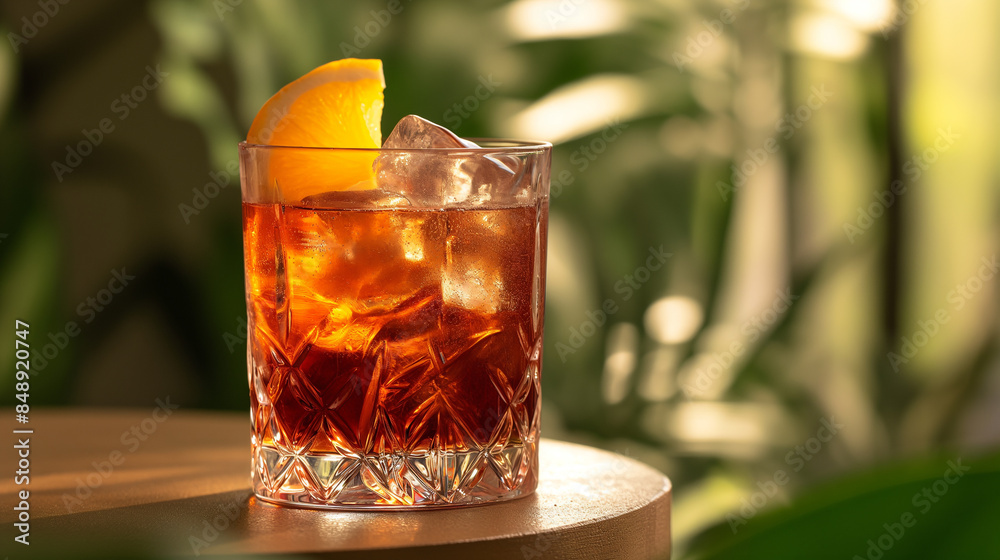 Negroni cocktail in glass, refreshing alcohol drink Negroni cocktail in glass, refreshing alcohol drink