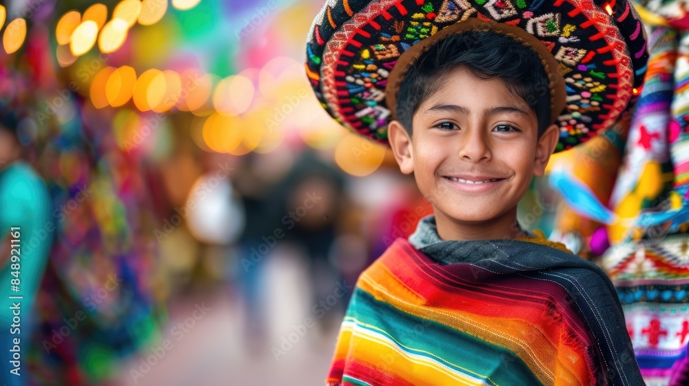 Vivid photo of a Mexican little boy in traditional attire, wearing a colorful sombrero Vivid photo of a Mexican little boy in traditional attire, wearing a colorful sombrero