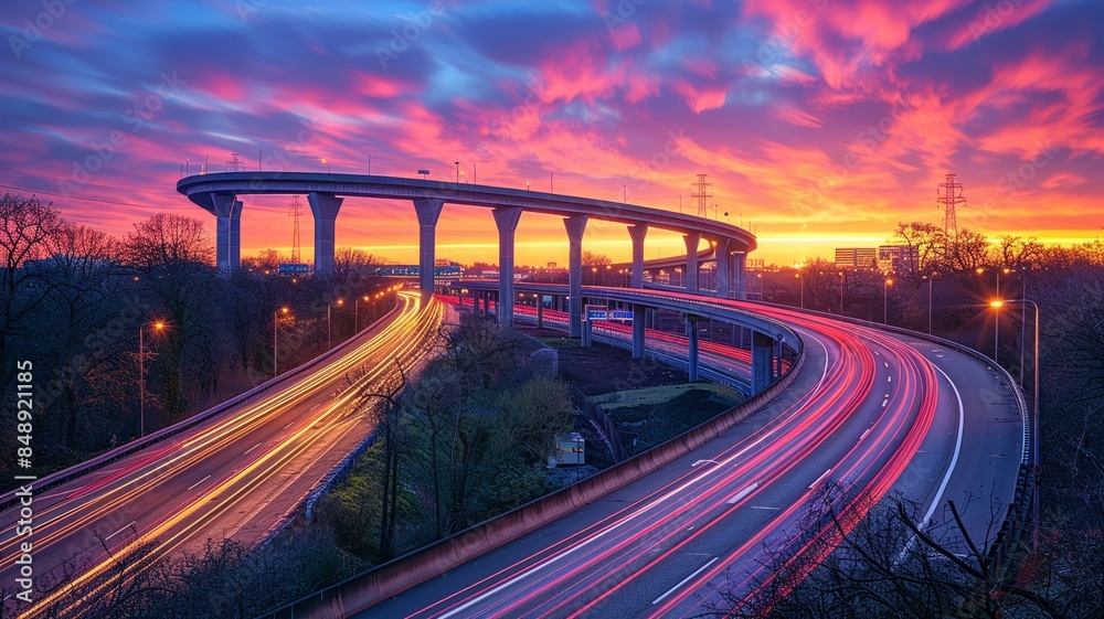 Fototapeta premium Complex overpass system with soft evening hues highlighting busy traffic