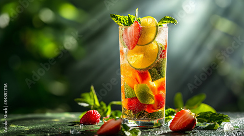 Pimms Cup cocktail in glass, refreshing colorful alcohol drink