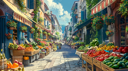 market in the city, comic style 