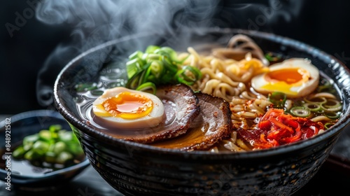 Japanese ramen bowl, filled with rich broth, noodles, sliced pork, soft-boiled egg, and vegetables, steaming hot, cozy and comforting atmosphere, photography, 35mm lens photo