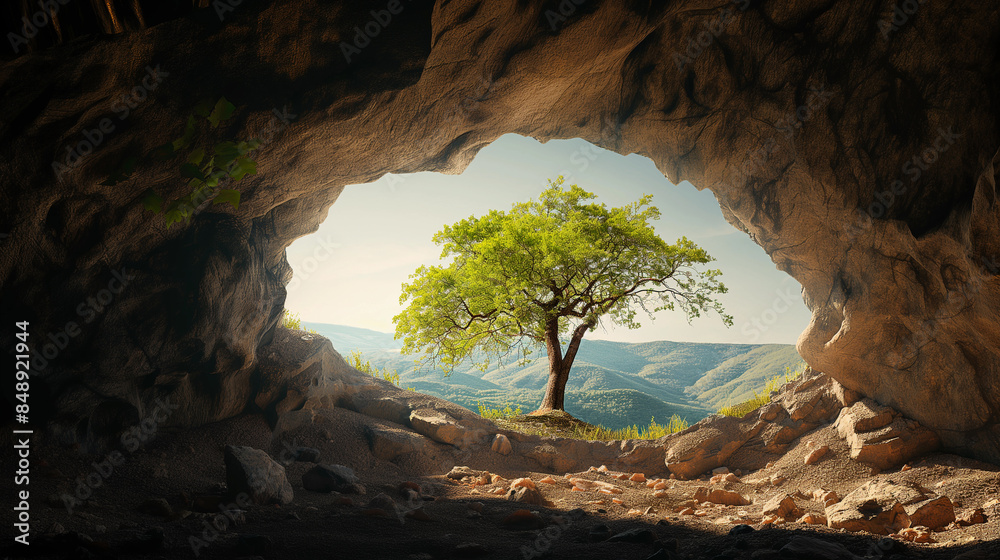 Obraz premium A tree is growing in a cave
