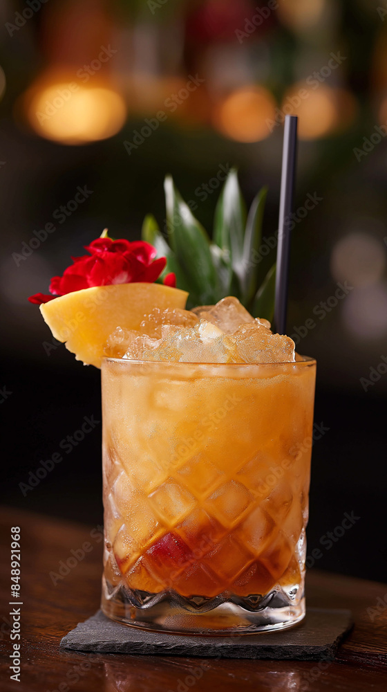 Trader Vic Mai Tai cocktail in glass, refreshing colorful alcohol drink Trader Vic Mai Tai cocktail in glass, refreshing colorful alcohol drink