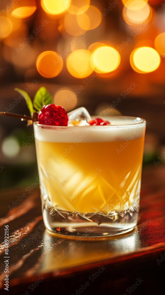 Whiskey sour cocktail in glass, refreshing colorful alcohol drink Whiskey sour cocktail in glass, refreshing colorful alcohol drink