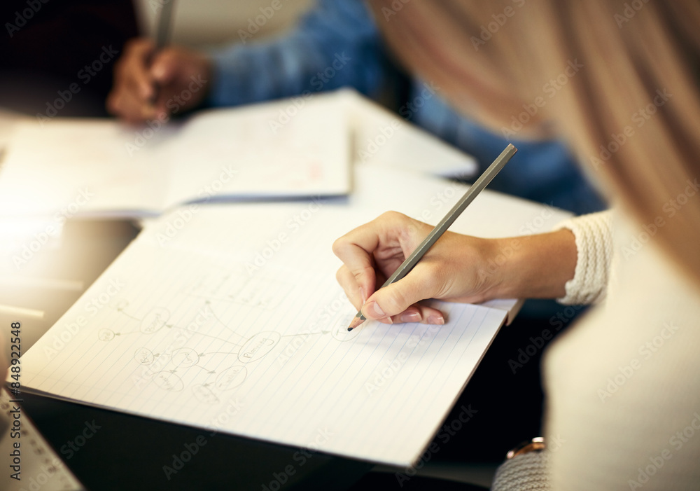 Writing, notebook and hands of people in study group for university education, scholarship course or project research. Growth, support and college students with notes for exam, learning and planning Writing, notebook and hands of people in study group for university education, scholarship course or project research. Growth, support and college students with notes for exam, learning and planning