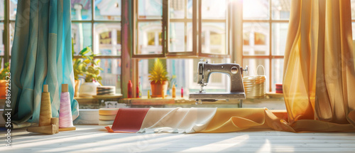 A cozy sewing nook bathed in sunlight, filled with colorful fabrics, threads, and a vintage sewing machine, oozing creativity and warmth.