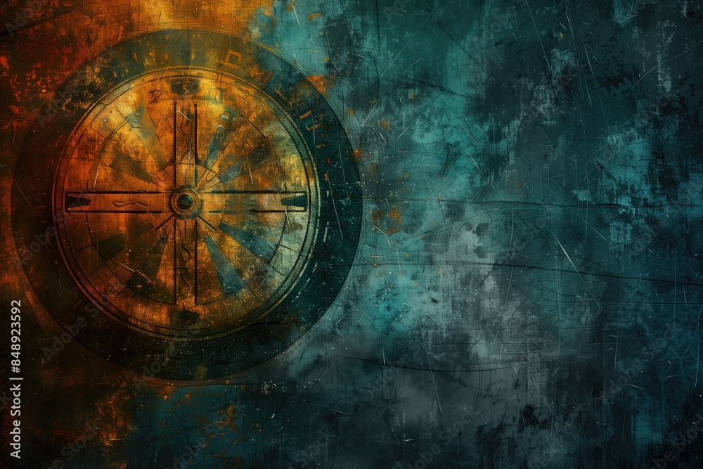 Naklejka premium Rustic Compass Artwork on Grungy Textured Background with Warm and Cool Tones.