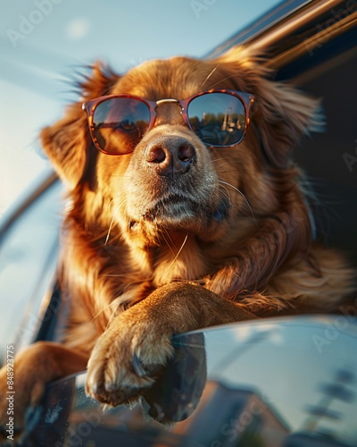 Portrait of a dog in a car window.