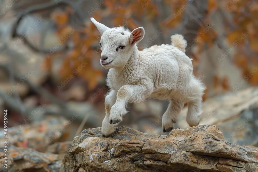Fototapeta premium Baby Goat: A playful baby goat, or kid, jumping off a small rock in a rural farm setting. 