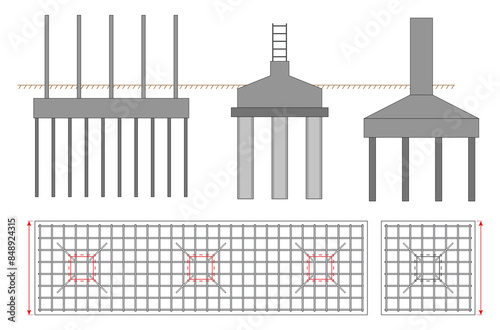 Set of steel column foundation in reinforced concrete block. 3D Illustration