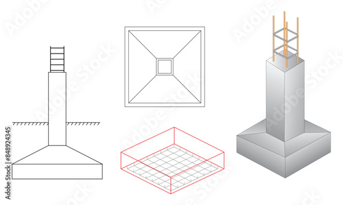 Set of steel column foundation in reinforced concrete block. 3D Illustration