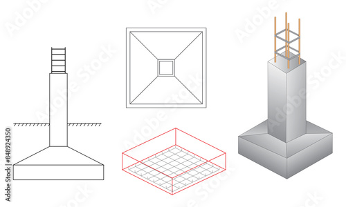 Canvas Print Set of steel column foundation in reinforced concrete block