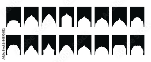 Arabic shapes windows and arches traditional ornament. Set of Islamic shape window frame in retro boho color. Vector