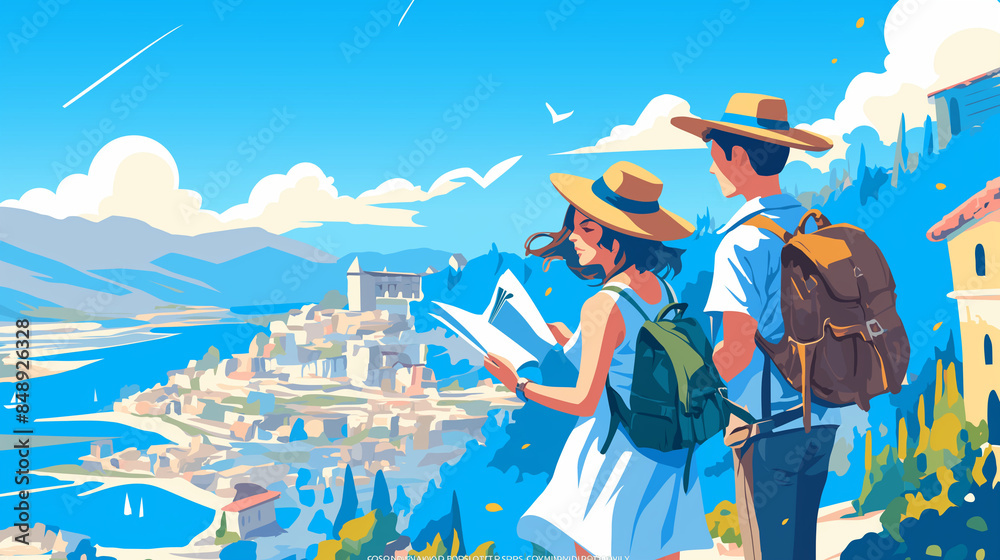 Fototapeta premium Travel scene with tourists with backpacks standing against the backdrop of cityscape. World travel, tourism, adventure, journey, vacation concept.
