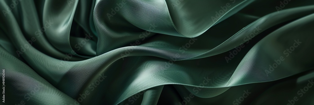 Fototapeta premium A closeup of green ribbon with intricate curves and folds, set against a dark background, creating an abstract composition that suggests depth and movement. The focus is on the texture and tone 3:1