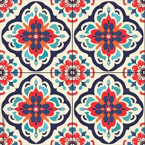 A seamless vector pattern with colorful floral and geometric motifs