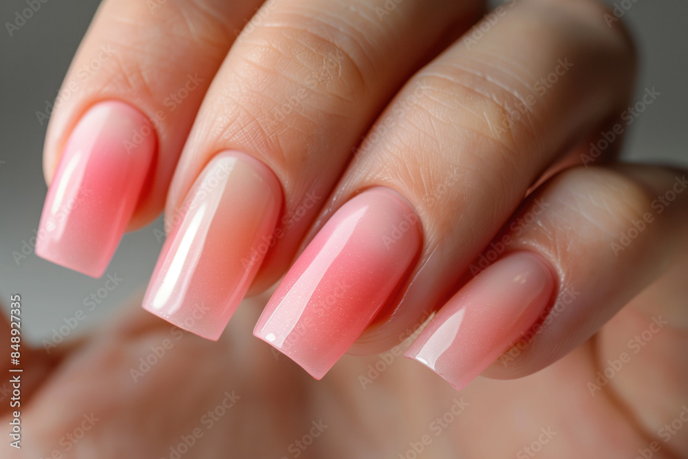 Close Up of Trendy Gradient Pink Manicured Nails with Glossy Finish on Woman's Hand. Close Up of Trendy Gradient Pink Manicured Nails with Glossy Finish on Woman's Hand.