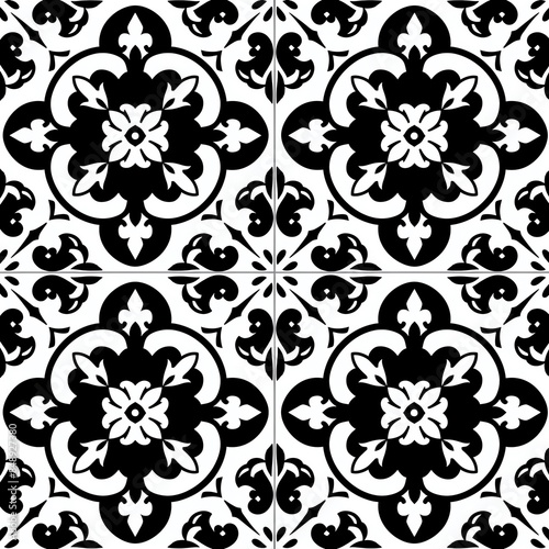 Black and white ceramic tiles with floral and geometric patterns.