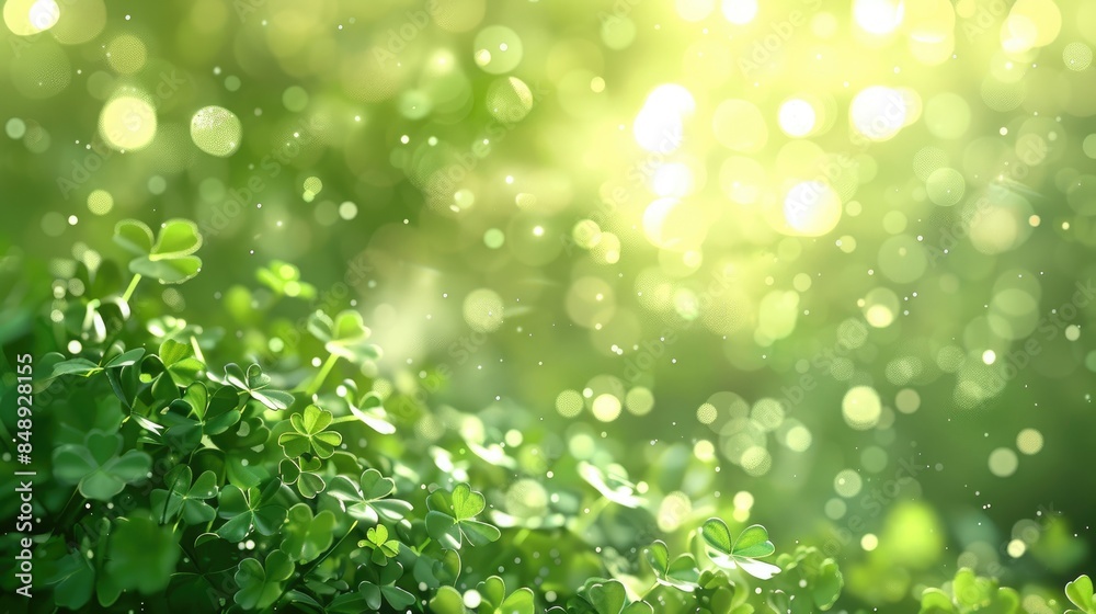 Blurry green botanic background with light flares and clover leaves shapes for a holiday themed bokeh Vibrant textured lighting design Blurry green botanic background with light flares and clover leaves shapes for a holiday themed bokeh Vibrant textured lighting design