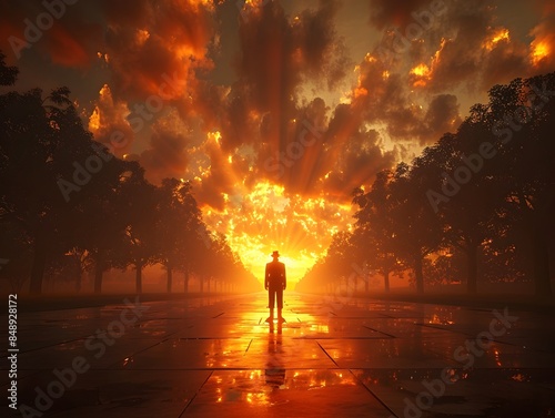 A Dystopian Fiery Landscape with a Lone Silhouette Figure Amid the Raging Inferno