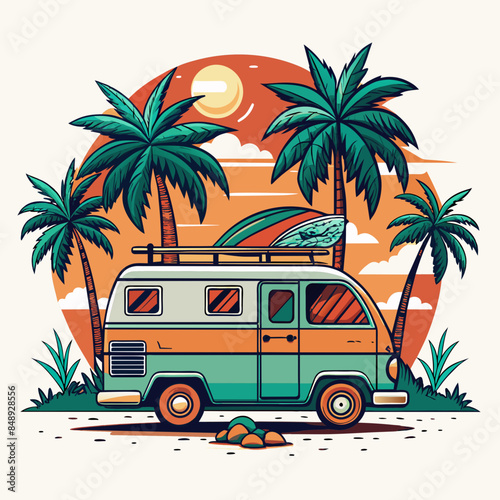 A van with palm trees on the top of it is advertising a sunset ,t-shirt design, t-shirt vector © ArtfuIInfusion769