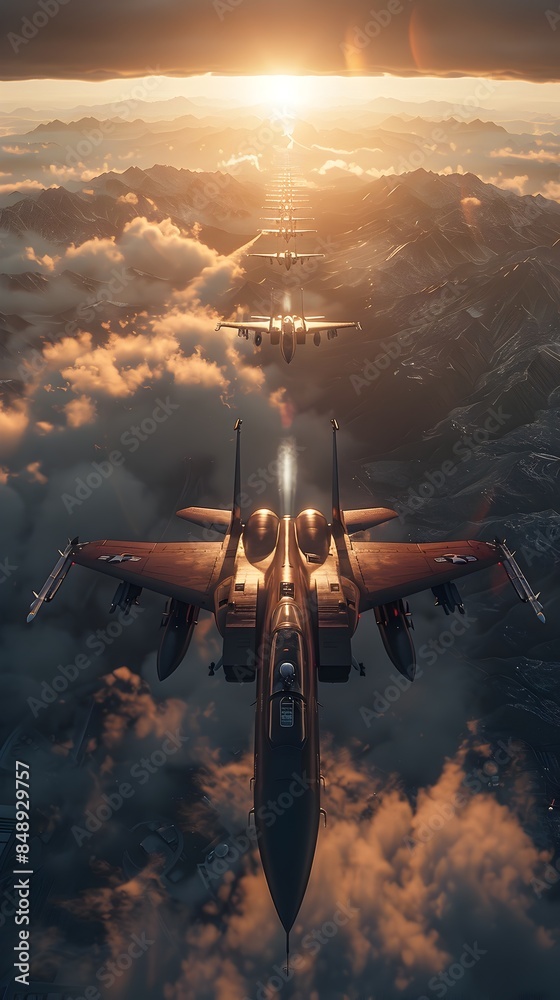 Naklejka premium Military Jets Performing Flyover in Missing Man Formation at Sunset