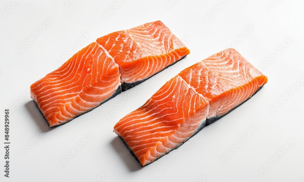 Two raw salmon fillets on a white background Two raw salmon fillets on a white background