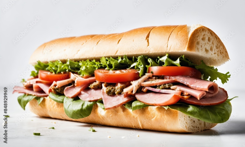 Close-up of a sub sandwich with ham, tomato, lettuce, and pesto on white background Close-up of a sub sandwich with ham, tomato, lettuce, and pesto on white background