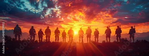 Soldier Silhouettes Against Dramatic Sunset Landscape with Powerful Atmosphere