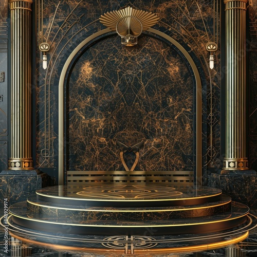 Art Deco Style Podium, front view focus, with a Gatsby Era Ballroom Background, ideal for showcasing retro fashion and accessories