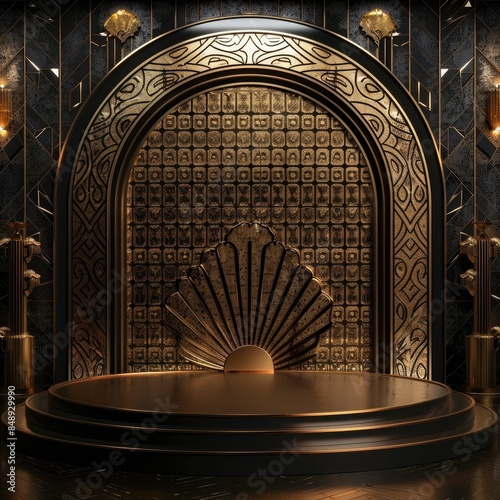 Art Deco Style Podium, front view focus, with a Gatsby Era Ballroom Background, ideal for showcasing retro fashion and accessories