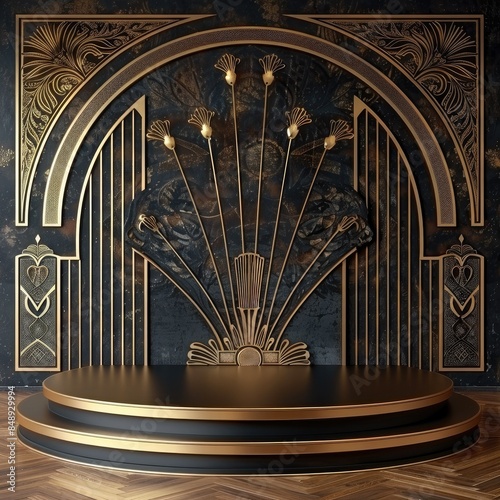 Art Deco Style Podium, front view focus, with a Gatsby Era Ballroom Background, ideal for showcasing retro fashion and accessories