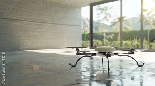 A white drone is standing on a concrete floor in a room with a window photo