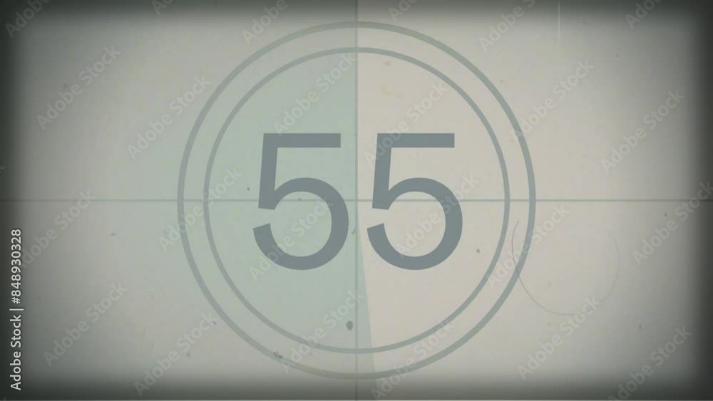 60 seconds (1 minute) vintage film countdown on mint white with black vignette background. Old retro wipe rolling effect. Scratches, details and noise. Dusty and grainy feel. 4K motion graphics.