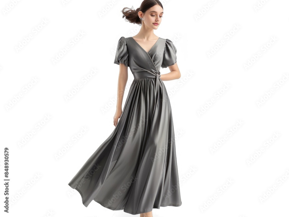 Elegant Woman in Flowing Gray Evening Gown Posing Elegant Woman in Flowing Gray Evening Gown Posing