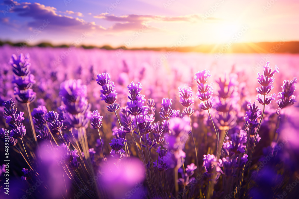 Naklejka premium Close Up of Purple Lavender Field in Full Bloom: Sunlit Floral Scene Capturing Nature Beauty and Fragrance