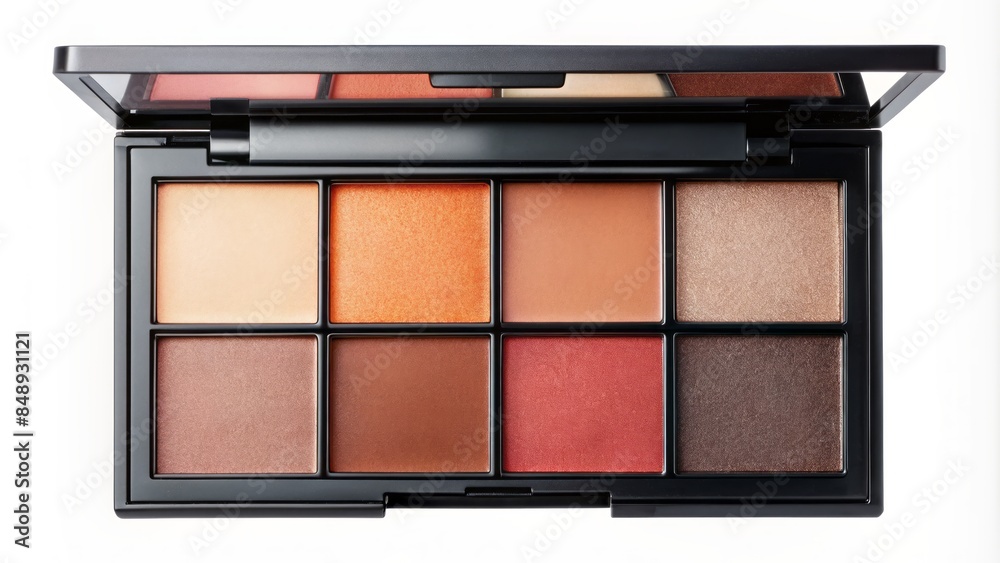 A sleek, compact makeup palette lies open, revealing a harmonious array of richly pigmented shades and textures in a minimalist, modern design aesthetic. A sleek, compact makeup palette lies open, revealing a harmonious array of richly pigmented shades and textures in a minimalist, modern design aesthetic.
