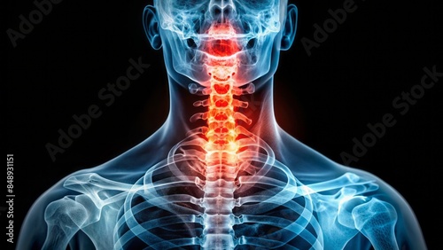 X-ray image of the cervical spine revealing severe scoliosis and herniated discs causing intense pain and strain on the spinal column and neck. photo