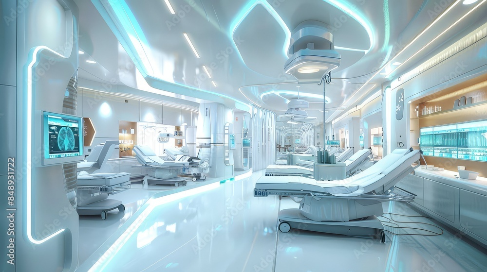 futuristic hospital ward equipped with advanced medical technologies like telemedicine and robotic-assisted surgery futuristic hospital ward equipped with advanced medical technologies like telemedicine and robotic-assisted surgery
